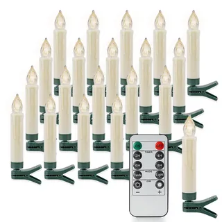 Rhytsing 20er Christbaumkerzen Led Kabellos mit Fernbedienung, Lichterkette für Weihnachtsbaum mit Timer Dimmbar in Warmweiß, IP44 Spritzwassergeschützt