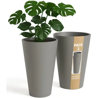 ActivoTex 2er Set Übertopf Blumentopf Pflanzkübel Übertopf Groß Indoor Kunststoff Pflanztopf Lang Schmal 30cm Taupe
