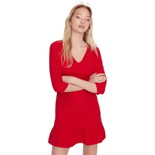 Trendyol Damen Regular Gerüschter Saum V-Ausschnitt Webstoff Kleid, Rot, 36