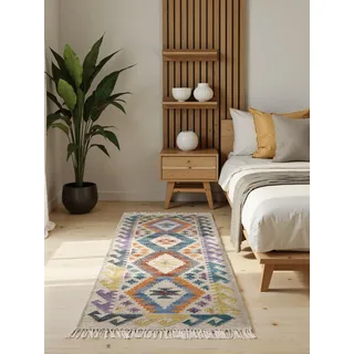 Hanse Home Afghan Kelim Teppich Oasis - Bunter Traditioneller Teppich Handgewebt, Wolle & Baumwolle - Afghanischer Stil Oriental mit Fransen für Wohnzimmer, Schlafzimmer - Creme Multifarben, 60x190 cm