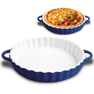 LUPATDY Keramik Auflaufform 25,5 x 4 cm, Backform Rund, Keramik Backformen mit Griffen für Pie, Quiche, Tartes, Pizza, Auflaufformen Rund für Heißluftfritteuse, Backofen, Mikrowellenherd Blau