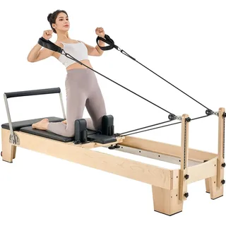 VEVOR Pilates Reformer Trainingsgerät aus Holz für den Einsatz im Heim-Fitnessstudio, Pilates-Bett mit doppeltem Widerstand – Feder & Kordel, Ausrüstung mit Sitzbox , bis zu 181,44 kg