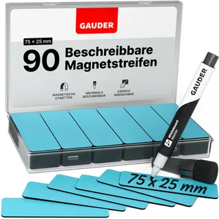 GAUDER Magnetetiketten beschreibbar (75 x 25 mm) | 90 Stück Magnetschilder zum Beschriften | Magnetkarten ideal für Kanban Board, Whiteboard & Tafel