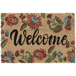 Relaxdays Fußmatte Kokos, Blumen, Welcome-Schriftzug, 40x60 cm, Türvorleger innen & außen, rutschfest, wetterfest, bunt
