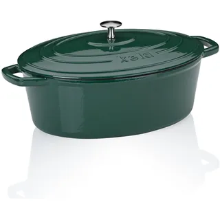 kela Bräter Gusseisen oval 6 Liter, Dutch Oven CALIDO, Induktion Gussbräter mit Deckel, Gusseisen Topf Brot backen, emailliert, grün