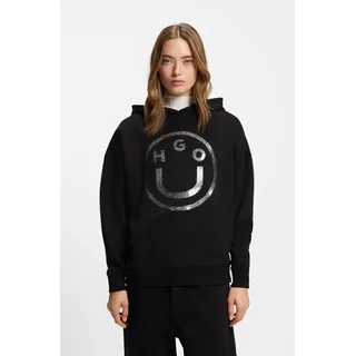 Hoodie HUGO "Dolasa", Damen, Gr. XXL, schwarz 001, Sweatware, Obermaterial: 100% Baumwolle, bedruckt, bequem normal, hoch geschlossener Ausschnitt, angesetztes Bündchen, Sweatshirts Hoodie, Relaxed Fit, mit glänzendem Frontprint