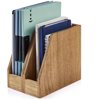 KIRIGEN Holz Schreibtisch Organizer 2er Set, Dokumentenhalter aus Paulownia-Holz, Buchständer für schmale Bücher, Briefe und Hefte, je 8,6 x 26,8 x 24 cm, Dunkelbraun
