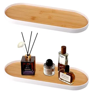2 Stück Deko-Tablett Holz, Groß 30 x 12 cm, Oval, Badezimmer-Tablett für Kosmetika, Schmuck, Parfüm, Kerzen und Desserts - Weiß