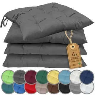 NatureMark 4er Set Stuhlkissen mit Bändern 40x40 cm – Gefüllte Sitzkissen, Outdoor & Indoor – Anthrazit Grau