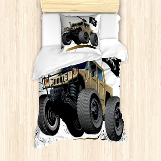 ABAKUHAUS Autos Mantele, Off Road Safari Truck, Milbensicher Allergiker geeignet mit Kissenbezügen, 135 cm x 200 cm - 80 x 80 cm, Grau braun