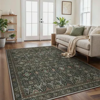 GENIMO Boho Vintage Teppich, Waschbar & rutschfest, Kurzflor Teppich für Wohnzimmer, Schlafzimmer oder Esszimmer, Stilvoller Carpet, Antikes Graubraun, 160x230 cm