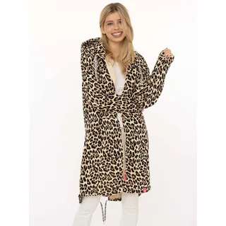 Jerseymantel ZWILLINGSHERZ "Leo Dream", Damen, Gr. SM (S/M), beige, Sweatware, Obermaterial: 50% Baumwolle, 50% Polyester, comfort fit ca. Mitte Oberschenkel, V-Ausschnitt, Mäntel Jerseymantel, mit Allover Leo Look mit Taschen