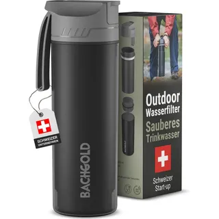 bachgold Bachgold® Profi Outdoor Wasserfilter Flasche I Entfernt 99,99% aller Bakterien und filtert Mikroplastik, Partikel und Chlor I Blackout & Krisensicher (Schwarz, 500ml)