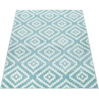 Paco Home Teppich Wohnzimmer Kurzflor Boho Ethno Design Pastell Blau Weiß, Grösse:70x250 cm