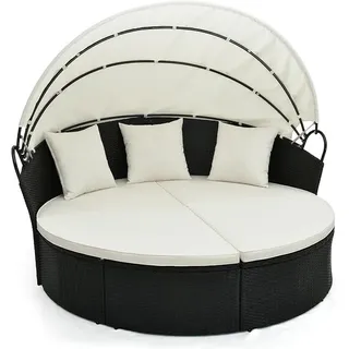Sonneninsel Rattan mit Dach, Sonnenliege für 2 Personen, Gartenliege mit Sitz- und Rückenkissen, Lounge Möbel Outdoor, Liegeinsel für Garten, Terrasse - Beige