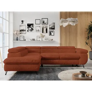 MKS Meble Ecksofa Sofa Orange, Wohnlandschaft L-Form mit Schlaffunktion und Bettkasten, Schlafsofa mit Bettkasten, Sofa mit Einstellbare Kopfstützen, Peter L - Orange Plüsch - Links Orange - Orange