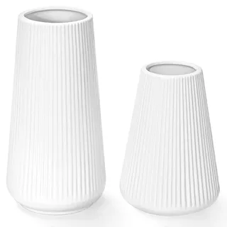 GUKJOB Vasen Deko- Vase Keramik mit Rillen, Vasen Set aus 2 Keramik Vase Weiß für Pampasgras Deko im Blumenvase, Matt Vase Klein, Boho Deko Modern für Home, Flur Deko,Tischdeko,Trocken Blumen Flower