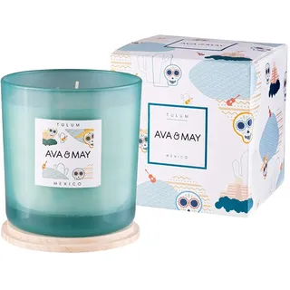AVA & MAY Tulum Große Duftkerze (500 g) – vegane Sojawachs-Kerze mit 70 Stunden Brenndauer – mit hochwertigem Duftöl aus Amber, Jasmin und Patschuli