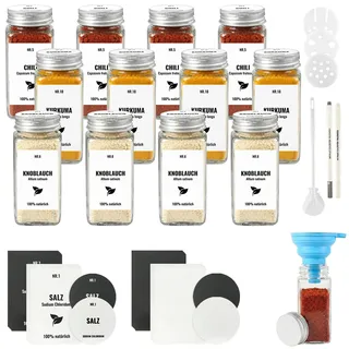 JAECU 12pcs Gewürzgläser Eckig mit Aluminiumdeckel, 120ml Glasbehälter mit Streueinsatz, Luftdichte Gewürzdosen inkl. Trichter, Permanentmarker, Bürste & Etiketten (Weiß)