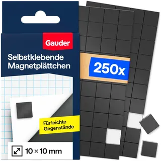 GAUDER Magnetplättchen selbstklebend stark - Magnet Klebepads zum Basteln - Magnete zum Kleben für leichte Gegenstände - Klebemagnete selbstklebend (10 x 10 x 2 mm - 250 Stück)
