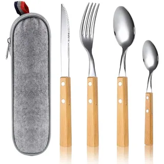 LERANXIN Besteck Set für 1 Person, Besteck To Go Edelstahl, 5 Teilig Outdoor Camping Messer Gabel Löffel mit Tasche, Stainless Steel Travel Cutlery Set, Reisebesteck Spülmaschinenfest