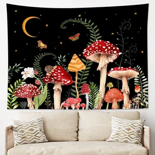 LB Pilz-Wandteppich, bunter Schmetterling, Wandbehang, Mond und Stern, schwarzer Wandteppich für Schlafzimmer, ästhetische grüne Pflanze, Dekoration, 152x101 cm