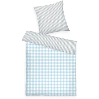 Tom Tailor Flanell-Bettwäsche, 80x80 cm + 155x220 cm, 100% Baumwolle/Flanell, mit Wendemotiv und farbigem Reißverschluss, Classic Check Grau, Hellblau (Light Grey & Sky Blue)