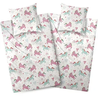 Aminata kids Bettwäsche 135x200 Biber Einhorn -Motiv Kinder Mädchen Baumwolle Rosa YKK Reißverschluss - Einhorn-Wende-Bettwäsche-Set Warm, Weich & Kuschelig - Flanell Tier-Motiv