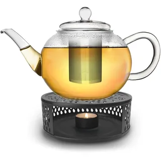 Creano Teekanne aus Glas 1,6l + EIN schwarzer Stövchen aus Edelstahl - Glasteekanne mit Edelstahl-Filter und Deckel - ideal zur Zubereitung von losen Tees - 100% tropffrei