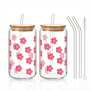 KATIMI Blumen Glas mit Deckel und Strohhalm: 2 Stück 16 Oz Blumen Glasbecher, Trinkgläser Bubble Tea Becher Iced Coffee Glas, Rosa Trinkglas mit Strohhalm und Deckel für Bubble Tea Cocktail