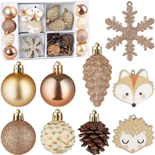 BRUBAKER 26 Stück Christbaumschmuck Wald und Tiere - Weihnachtskugel Set mit Tannenzapfen, Igel und Fuchs Anhänger, Schneeflocken, Glitzer Baumkugeln - Baumschmuck für Weihnachtsbaum - Gold Braun