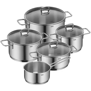 Silit Alicante Topfset Induktion 5-teilig, Kochtopf Set mit Glasdeckel, Schüttrand, Edelstahl hochglanzpoliert, Induktions Töpfe Set unbeschichtet, für alle Herdarten geeignet