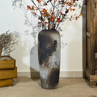 JIDOFUE Schwarz Boho Bodenvase aus Keramik,50cm, Rustikale Vintage Vase für Wohnzimmer Dekoration, Pampasgras oder Trockenblumen, Perfekt für Regale und Tische