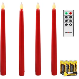 Rhytsing Rot 4 Flammenlose LED Spitzkerzen mit Timerfunktion, Led Stabkerzen Tafelkerzen, Leuchterkerzen mit warmweißes Licht, Höhe je 27.5cm, Fernbedienung und Batterien enthalten