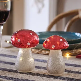 Lights4fun LED Pilze Glas Mini Fliegenpilze warmweiß Batterie Glas Weihnachtsdeko Rot Pilz Deko Innen Pilz Lampe Mushroom Lamp