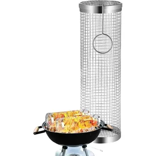 Zylindrischer Grillkorb Rund aus Edelstahl mit 1x Haken | Rollendes Grillkorb für Gasgrill, Elektro- und Holzkohle-Grill | 30 x 9 cm Grillnetzrohr für Gemüse, Pilze Meeresfrüchte, Grillgemüse - Silber