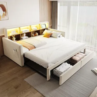 Flieks Schlafsofa Polsterbett 90x190cm mit Ausziehbett, Tagesbett Daybed mit 2 Schubladen und Led, Jugendbett mit Ladefunktion, Samt, Beige - Beige