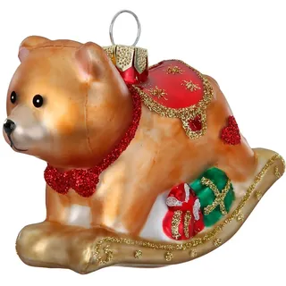 Holly & Jolly - Weihnachtskugel Schaukelbär, ca. 6,5 cm | Christbaumkugel aus Glas, handbemalt, Weihnachtsbaumschmuck in Braun und Rot, beglittert, Weihnachtsdeko für Innen