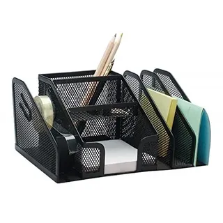 Q-Connect KF16573 Schreibtisch-Organizer 6 Fächer und Bandspender/aus Lackiertem Metallgeflecht/Schwarz/Mesh Metall Büro-Organizer Desk Organizer/Anti-Rutsch-Füße/ 20,5 x 14,5 x 10,0 cm