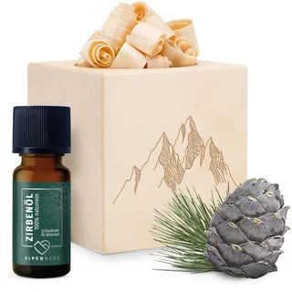 ALPEN HERZ Zirbenwürfel Set - Zirbenöl 10 ml naturrein aus Österreich - Zirbenholz Würfel Duftspender Zirben Duft Holz zur Deko Zirbe Diffuser Geschenke Zirbelkiefer Zirbenlüfter Zirbenset (Bergmotiv)