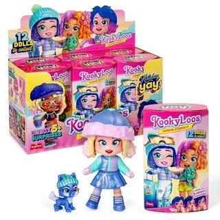 KOOKYLOOS Serie Holiday Yay! - Box mit 6 Sammelpuppen mit Modeaccessoires, Kleidung, Schuhe und Spielzeug, mit 3 lustigen Ausdrücken, Version A