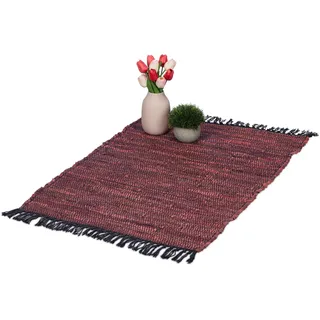 Relaxdays Flickenteppich, 60x100 cm, Baumwolle & Leder, handgewebt, Schwarze Fransen, rutschfest, Fleckerlteppich, rot