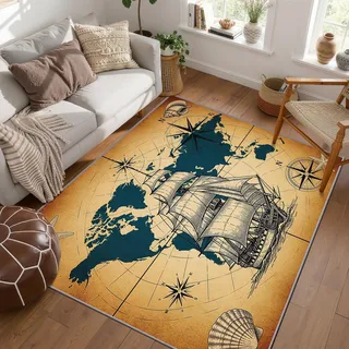 PaxGloz Teppich Piraten Geschenke - Teppiche Wohnzimmer Schlafzimmer Nautischer, Großer Teppich Maritimer Vintage, Weich Kurzflor & Waschbar & rutschfest Bettvorleger 120x120 cm