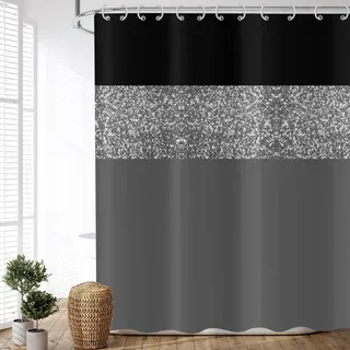 ASDCXZ Duschvorhang Glitzer 180x200 cm, Modern Schwarz Grau Glitzer Silbrig Spleißen Wasserdicht Textil Bad Duschvorhänge Waschbar Polyester Stoff Duschvorhang für Badewanne mit 12 Duschvorhang Hake