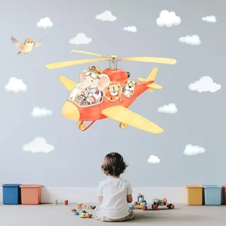 SUPERDANT Wandtattoo Cartoon Tier Flugzeuge Wandsticker Elefanten Und Hunde Dekor 90x30cm Großes Abziehbares Wandaufkleber Kinderzimmer Deko Farbenfroh
