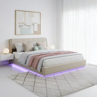 LED Polsterbett 'Tröstiar' mit Bettkasten Leinen 180 x 200 cm Beige - Beige
