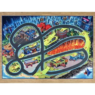 SkippiDoo Straßenteppich – Monster City XL – Spielteppich 200 x 140 cm, Autoteppich mit Breiten Straßen & großen Parkplätzen, Rutschfester Teppichrücken