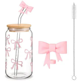AHEJIOO 16 Oz Rosa Glasbecher Mit Deckeln Und Strohhalmen, Coquette Bow Design, Glasbecher Eleganter Trinkbecher Für Iced Coffee Smoothie Matcha Cocktail, Aesthetic Stuff Clean Girl, Matcha Gläser