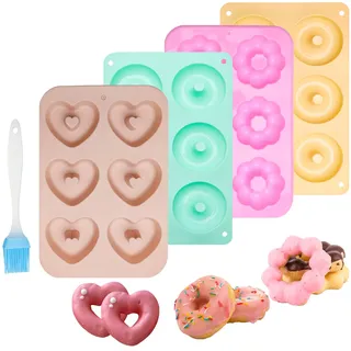 TNSLAND 4 Stück Donuts Backform, 3 Farben Silikon Donut Backform Set mit Öl Pinsel, Antihaft Donutform Backofen, Silikonformen Backen für Kuchen Bagels Muffins Brötchen (Runde, Blumen und Herz)