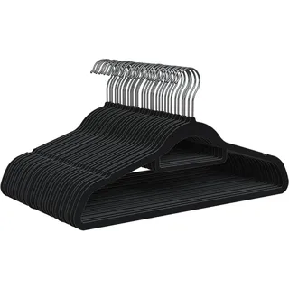 PORTENTUM Kleiderbügel aus Samt, 30 Stück, Schwarz - rutschfest mit 360o drehbarem Haken, Einkerbungen und Zubehörhalter, Platzsparend 0,6 cm Dicke, Made in Spain